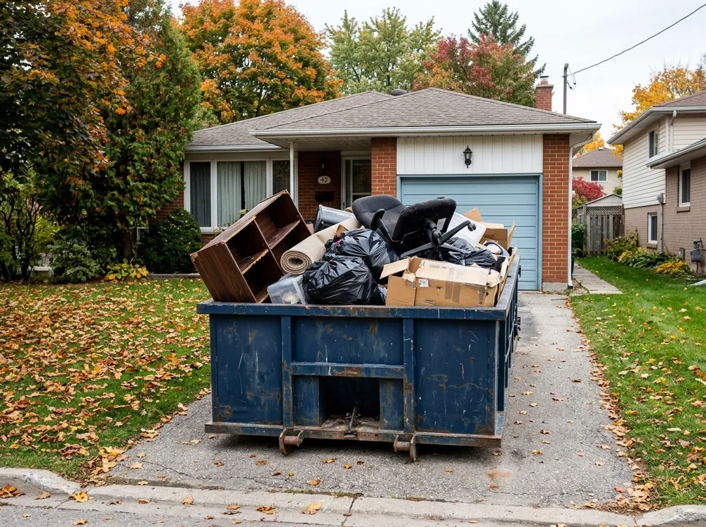 A roll-off bin on a GTA driveway loaded with bookcase panels, garbage bags and an old chair from a basement