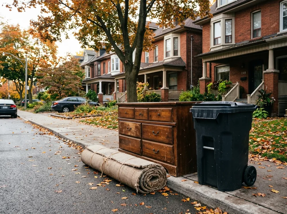 A rolled and tied carpet and an old dresser placed beside a garbage bin at the curb on a Toronto street