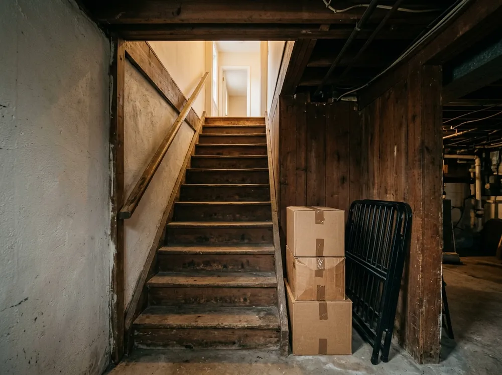 A steep narrow basement staircase in an older Toronto house with boxes and a bed frame waiting at the bottom
