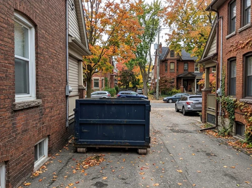 A roll-off bin placed on a narrow private driveway between two Toronto brick houses, clear of the road