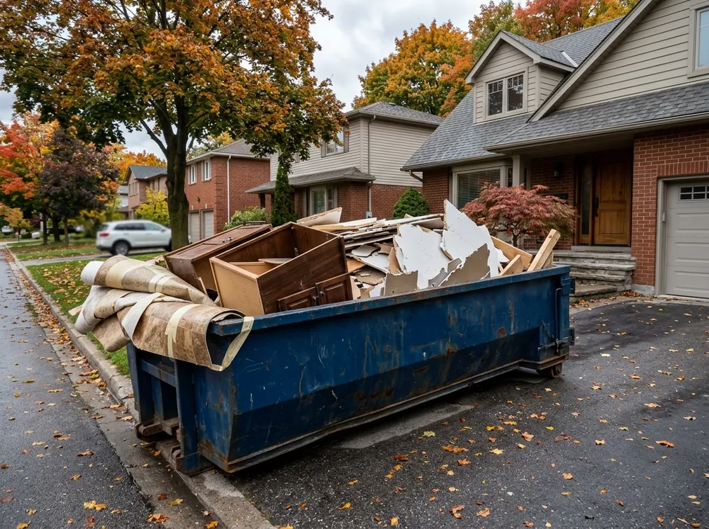 A roll-off bin on a Toronto driveway half filled with kitchen cabinets and drywall from a renovation