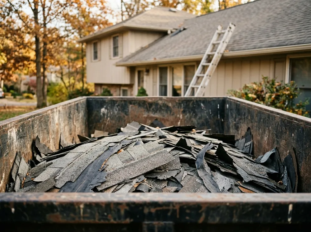 Torn-off asphalt roofing shingles loaded in a roll-off bin beside a house