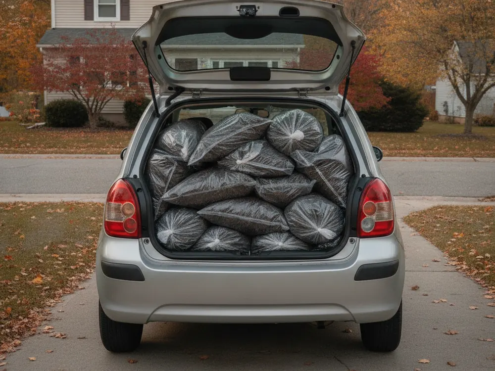 Bags of mulch loaded into the back of a hatchback on a driveway