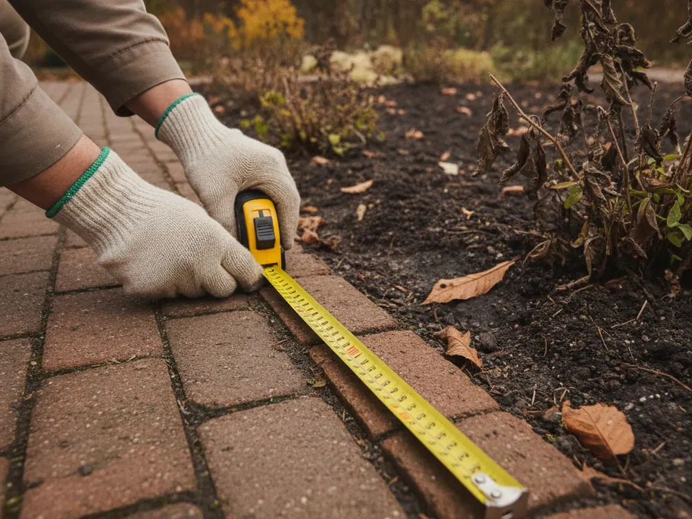 Measuring the edge of a garden bed with a tape measure