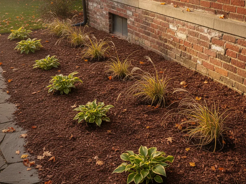 A garden bed freshly covered with an even layer of bark mulch