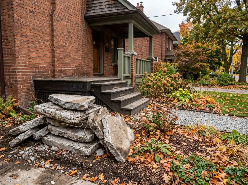 Broken concrete slabs from an old walkway piled beside a Toronto house