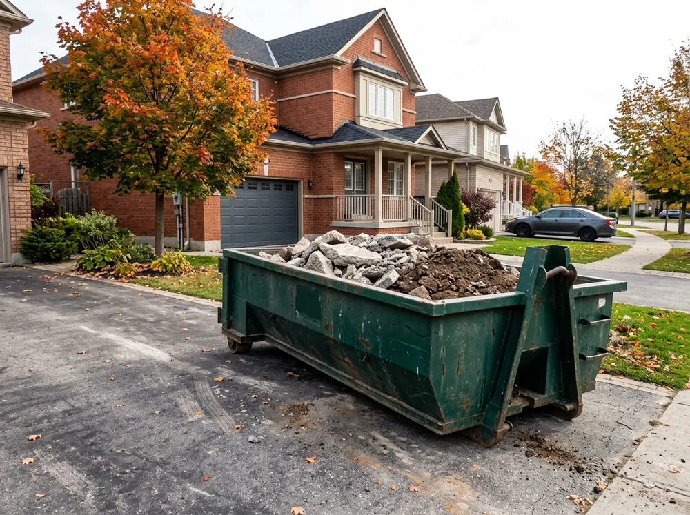A small roll-off fill bin on a residential driveway loaded with broken concrete and soil