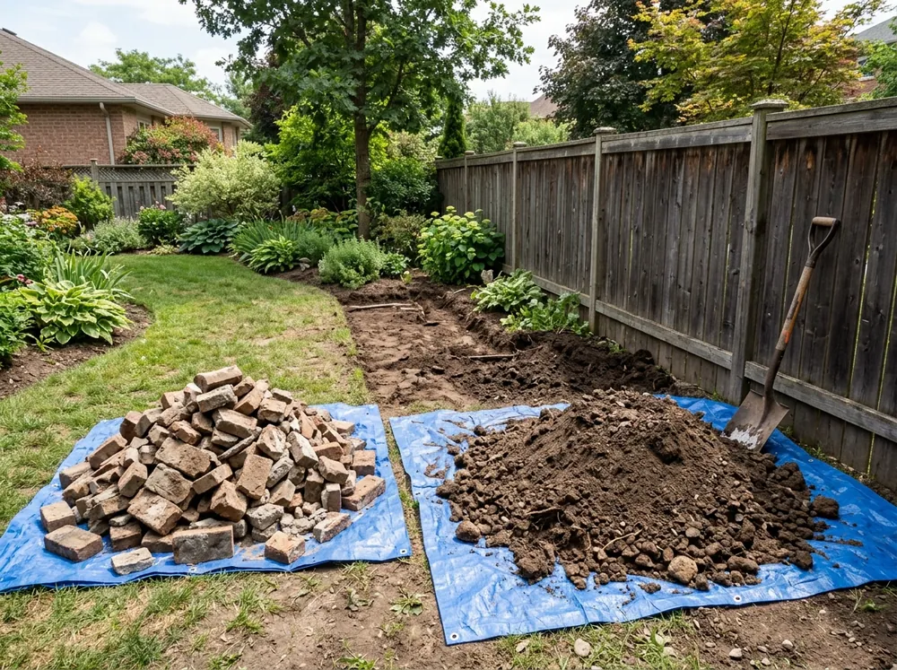 Separate piles of broken brick and excavated soil in a backyard ready for removal