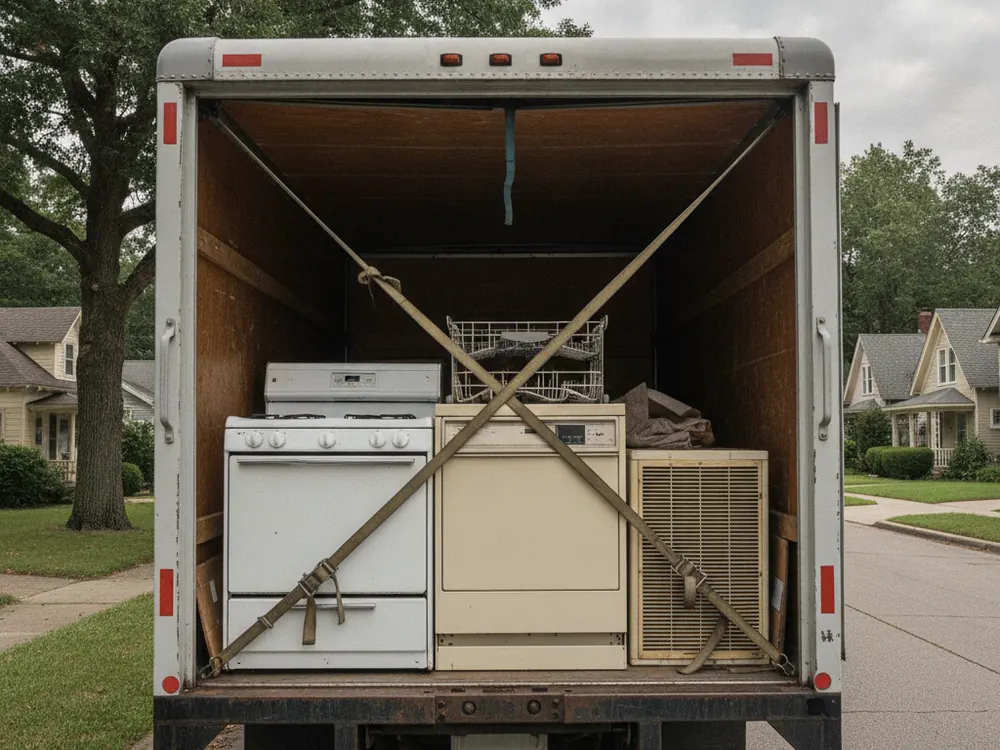 Old appliances strapped into the back of a removal truck