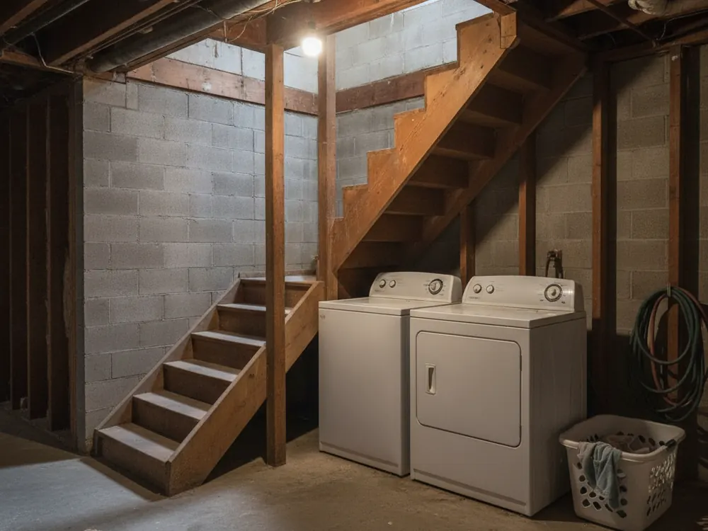 A washer and dryer at the bottom of a narrow basement staircase
