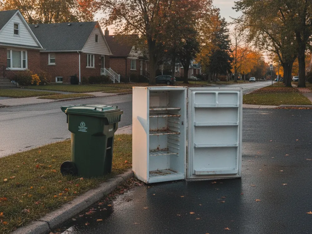 An old refrigerator set out at the curb beside a garbage bin