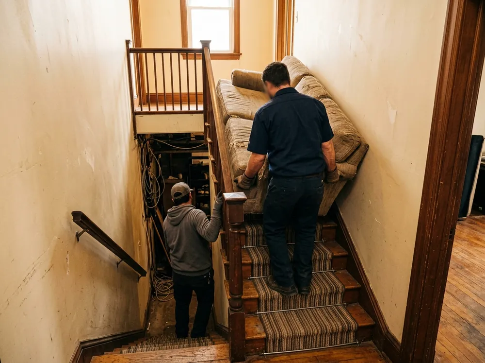 A sofa being carried up a narrow basement staircase by two movers seen from behind