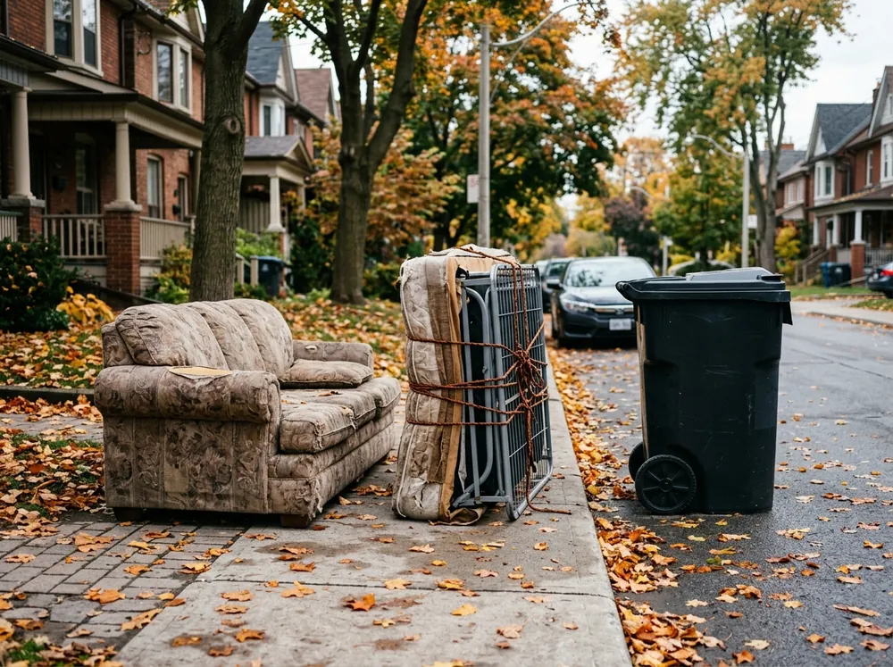 An old fabric sofa set out at the curb beside a garbage bin on a Toronto street