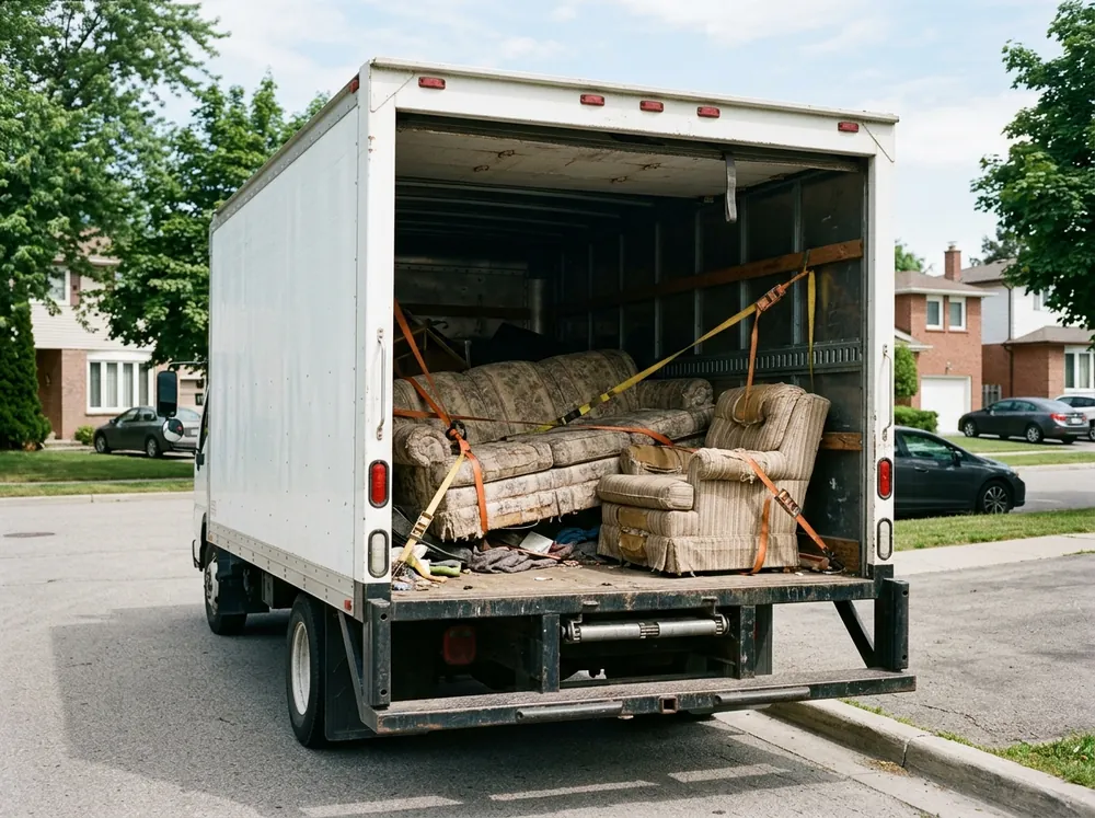 An old couch and armchair loaded into the back of a junk removal truck